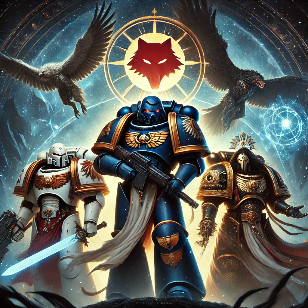 Potential gene-fathers of the Blood Wolves, with the claimed Roboute Guilliman in the front and Jaghatai Khan and Corvus Corax in the back.