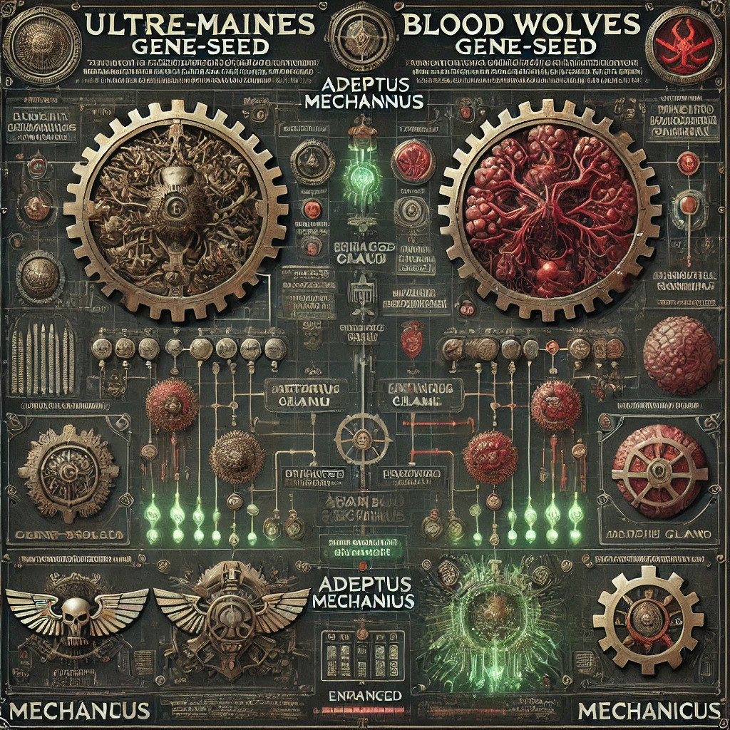 An Adeptus Mechanicus gene-seed comparison between Ultramarines and Blood Wolves.