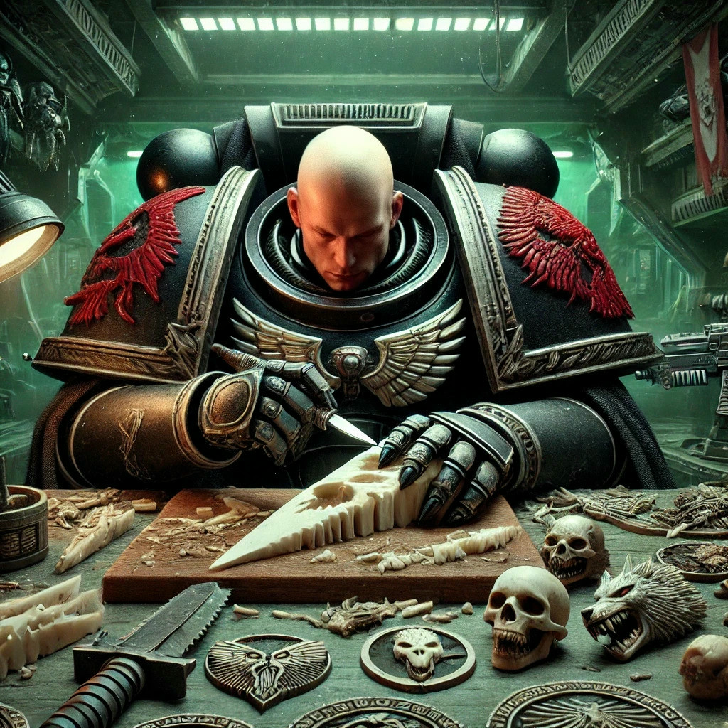 A Blood Wolves Space Marine spending time carving bones.