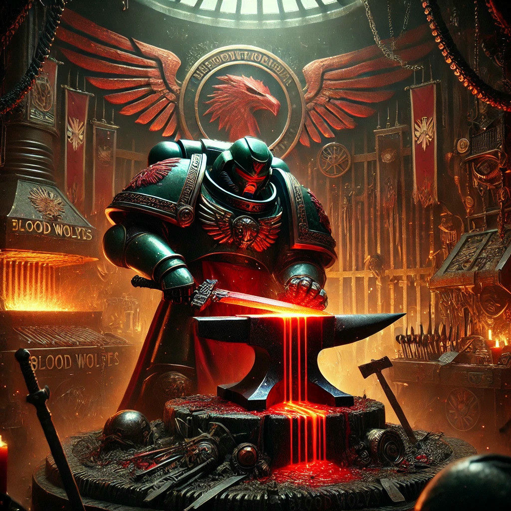 A Blood Wolves Space Marine forging a blood-forged weapon.