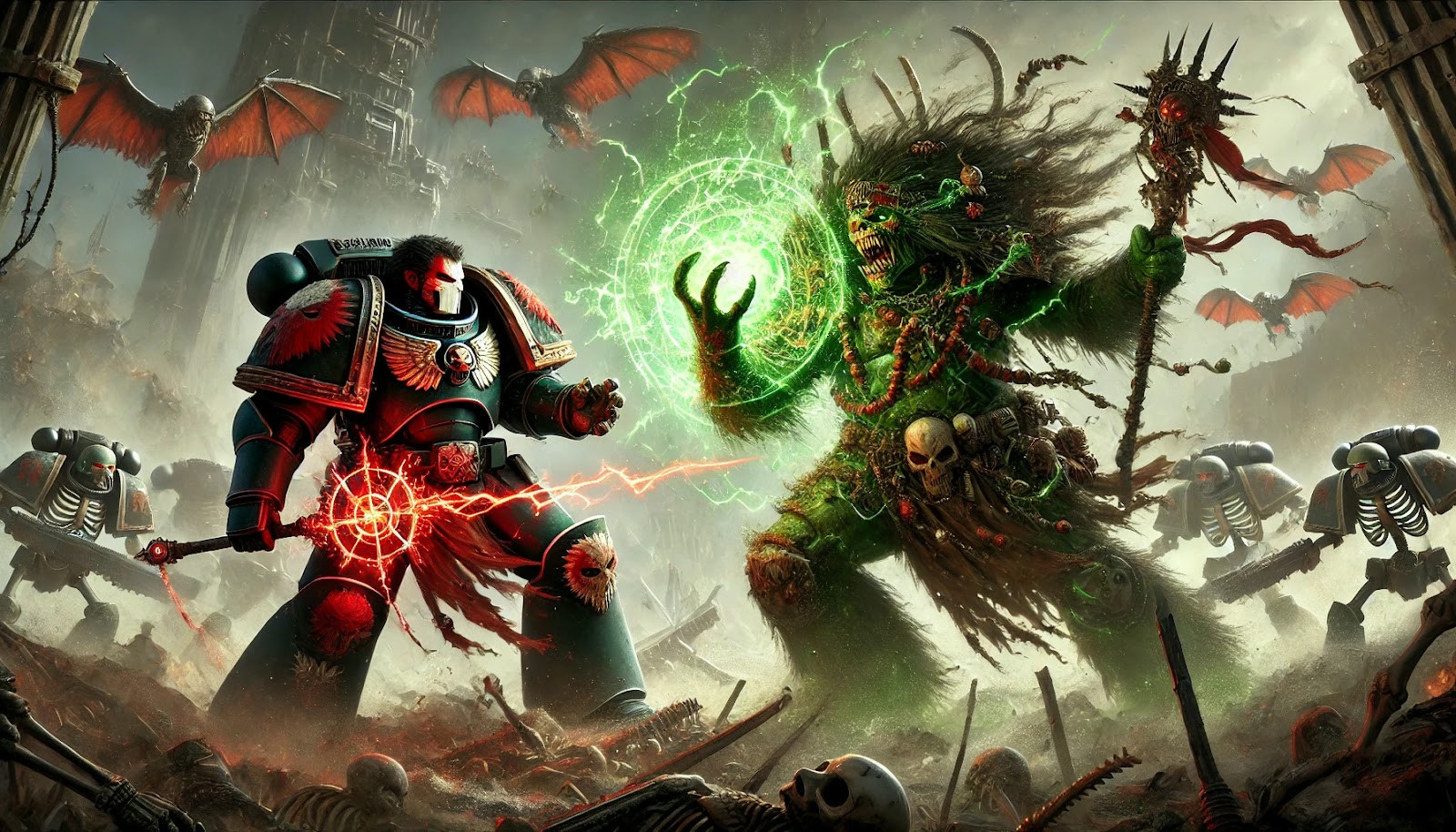 A Blood Wolves Captain fighting a Ork Weird Boy in a psychic battle.