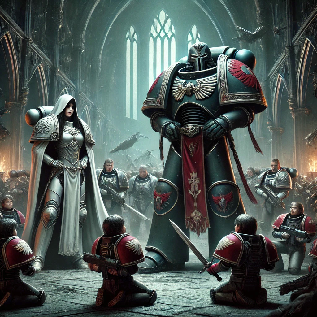 A Blood Wolves Space Marine guiding initiates with the support of a representative of the Sisters of Silence.