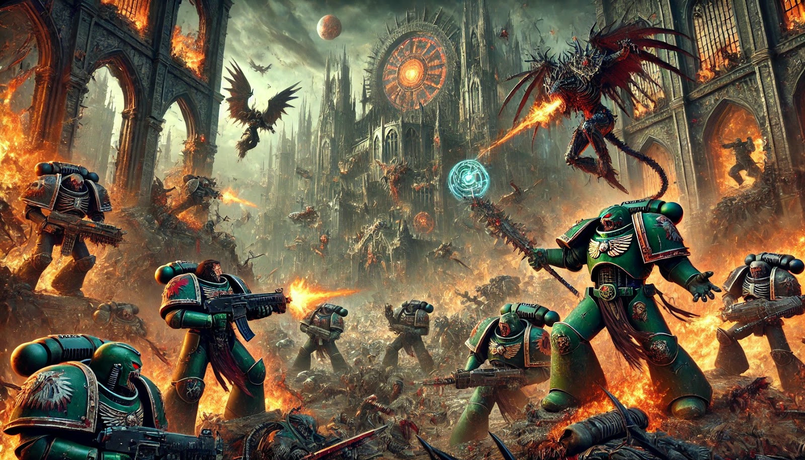 A battle between the Blood Wolves and a Chaos Space Marine group in a burning city.