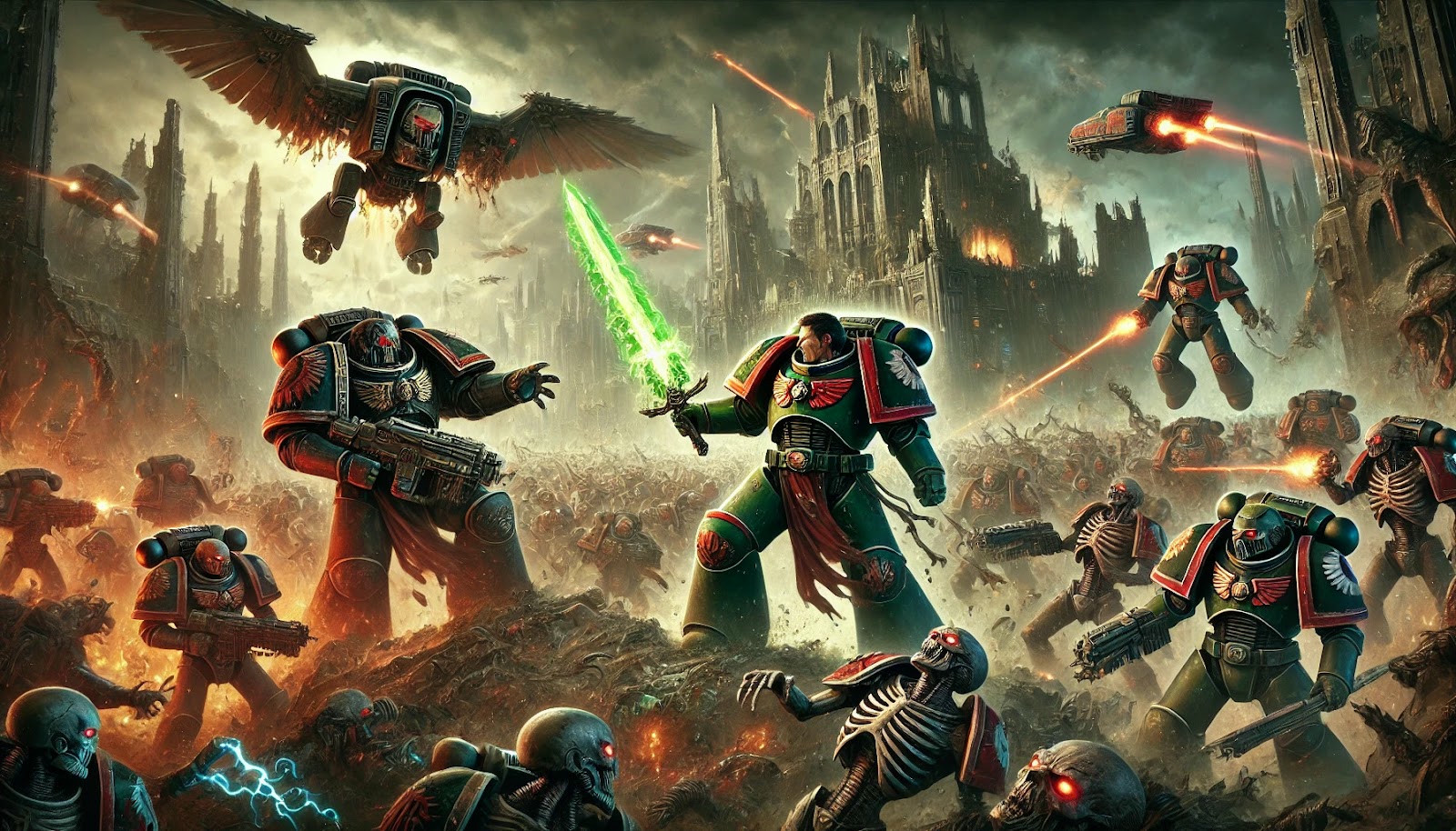 Blood Wolves fighting in a lower section of a Hive City to track down Genestealers.