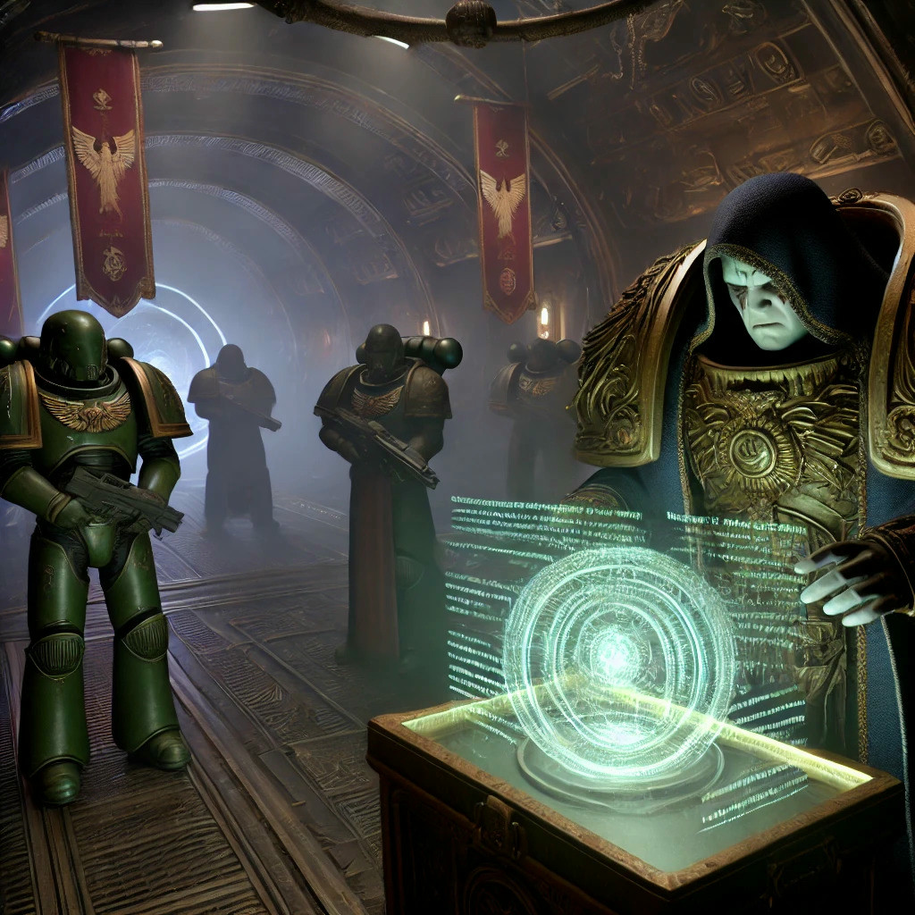 An Inquisitor studying biological records about the Blood Wolves.