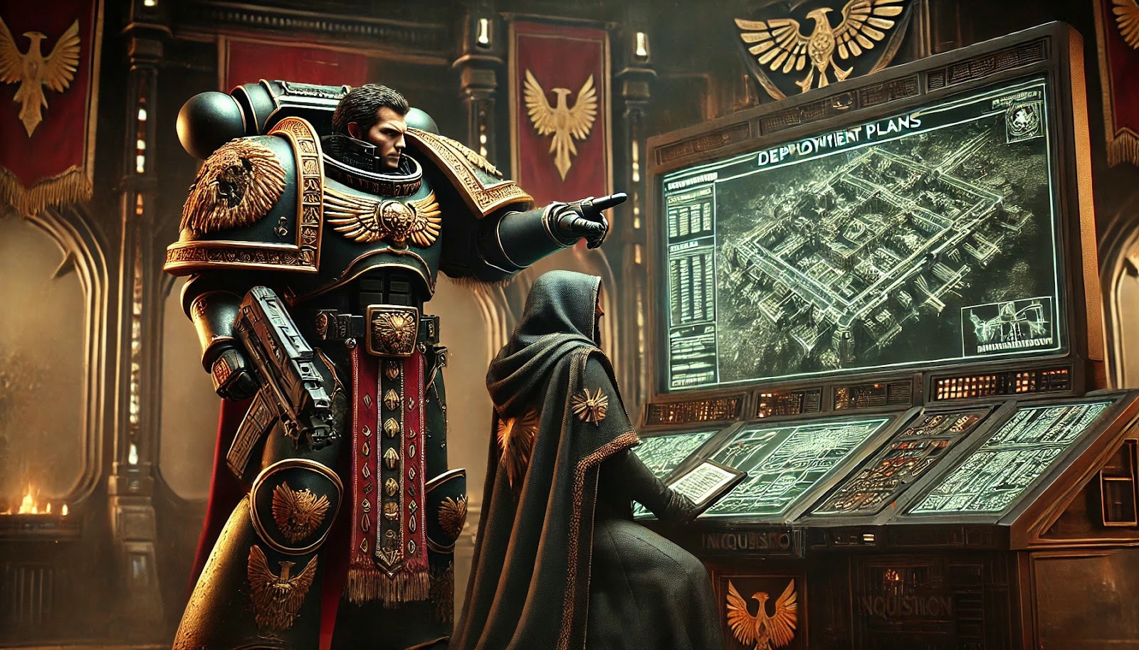 An Inquisitor and a Blood Wolves Space Marine planning an attack on cultists.