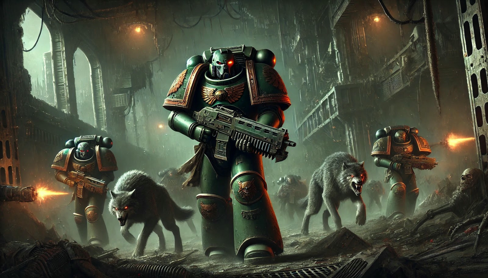 Blood Wolves and their war-beasts hunting in a dark corridor in a Hive City.