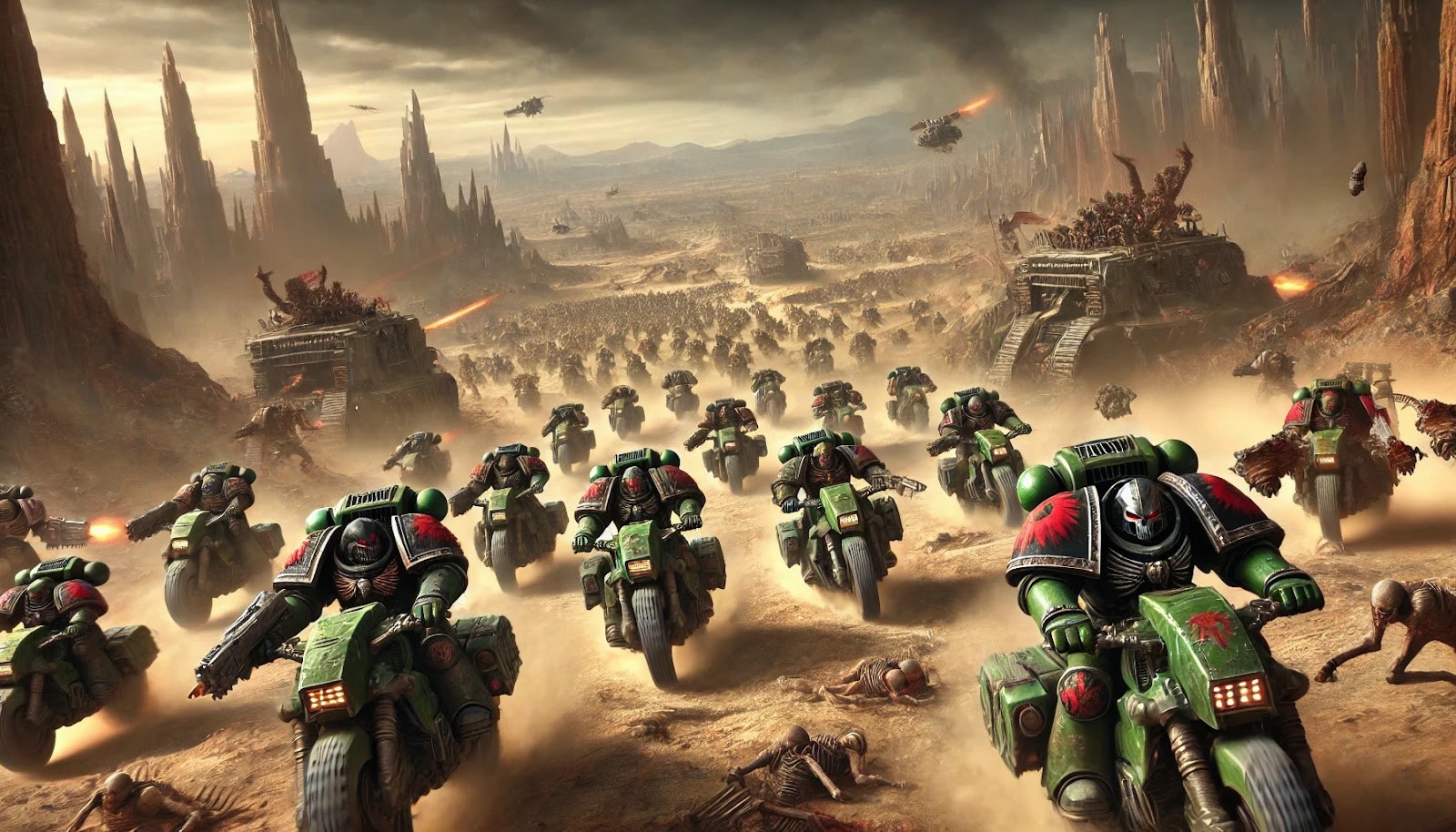 A Blood Wolves biker squadron hitting an Ork Speed Freak WAAAGH and making their escape.